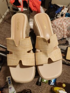 Beige Woven Espadrille Wedge Slides